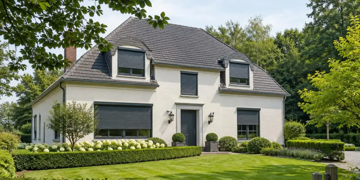 Villa blanche entourée de verdure, ses fenêtres équipées de volets roulants gris