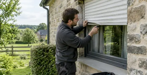Technicien débloquant le volet roulant d'une fenêtre sur une façade en pierre
