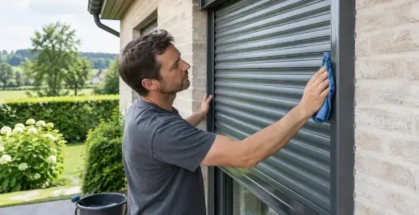 Technicien essuyant les lames d'un volet roulant gris sur une maison en briques