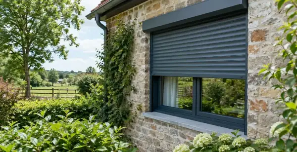 Volet roulant gris neuf posé sur une fenêtre de façade en pierre