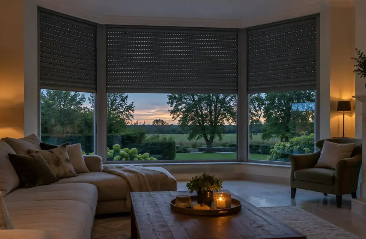 Séjour aux grandes baies équipées de volets roulants électriques au coucher du soleil