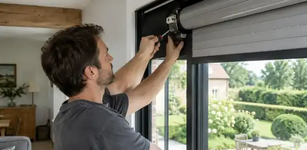 Technicien réglant le moteur d'un volet roulant dans le coffre ouvert, côté intérieur