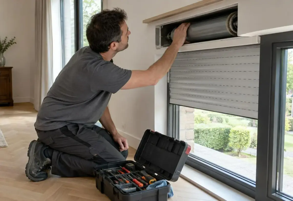 Technicien agenouillé avec sa caisse à outils, inspectant le coffre intérieur d'un volet