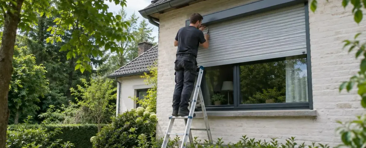 Technicien sur un escabeau devant le volet roulant d'une maison entourée d'arbres