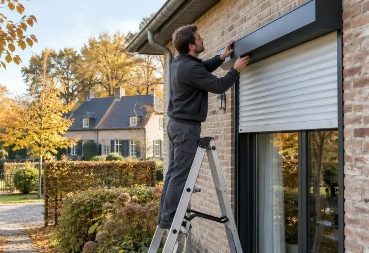 Technicien sur un escabeau vérifiant le coffre d'un volet roulant en automne