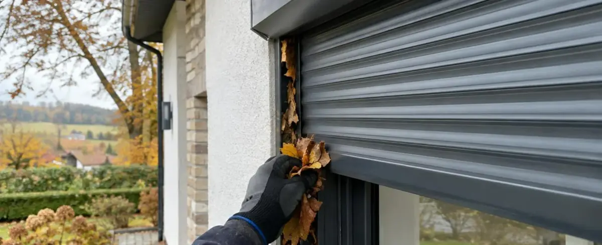 Main gantée retirant des feuilles mortes de la coulisse d'un volet roulant