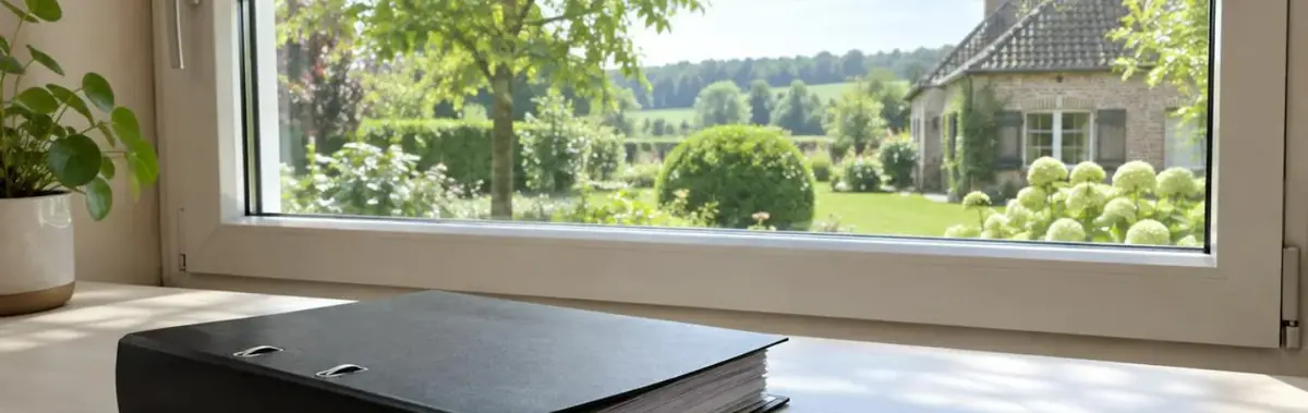 Classeur posé sur un rebord de fenêtre donnant sur le jardin