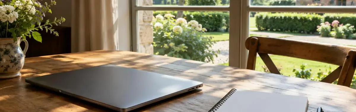 Ordinateur portable fermé sur une table près d'une fenêtre