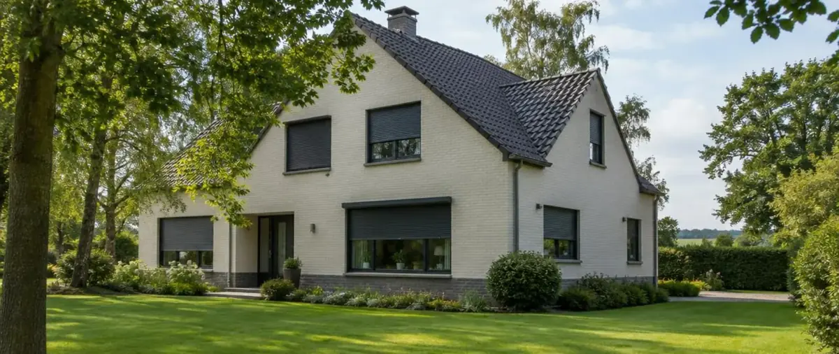 Villa entourée d'arbres dont les volets roulants sont à des hauteurs différentes