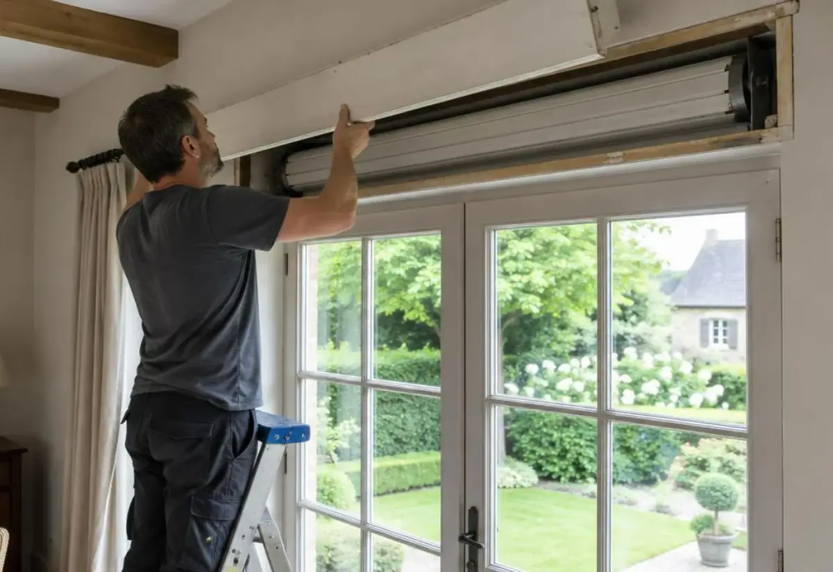 Technicien ouvrant le caisson au-dessus d'une porte-fenêtre donnant sur le jardin