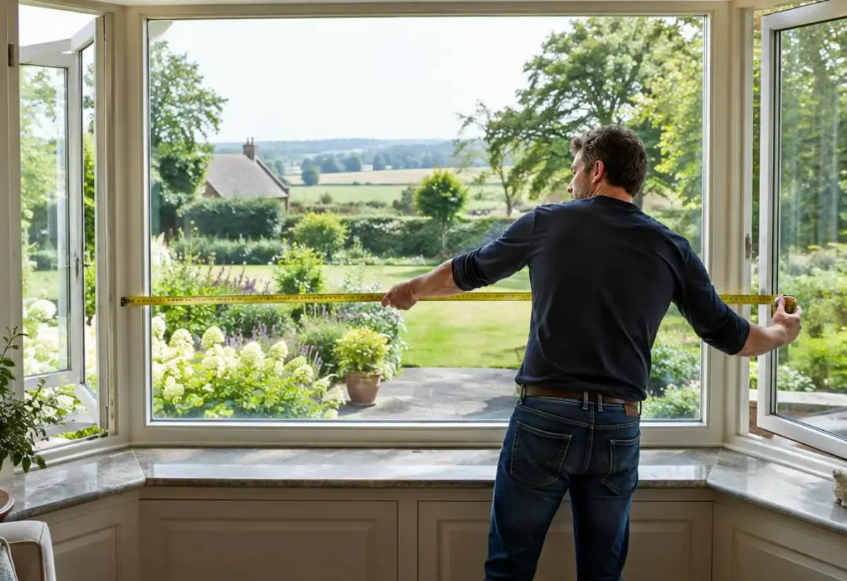 Technicien mesurant la largeur d'une grande baie vitrée ouverte sur le jardin