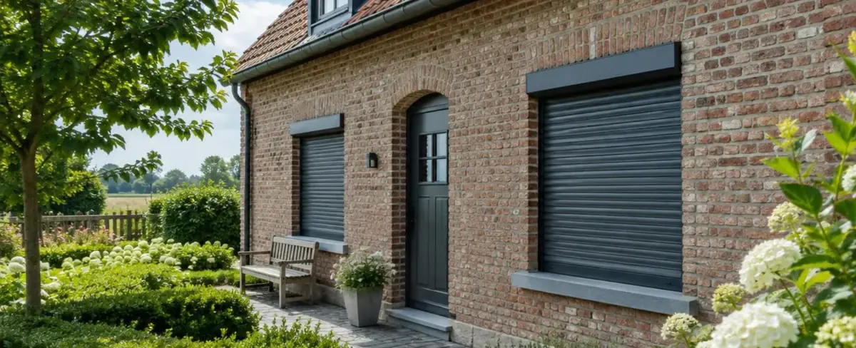 Volets roulants foncés posés sur une maison en briques rénovée